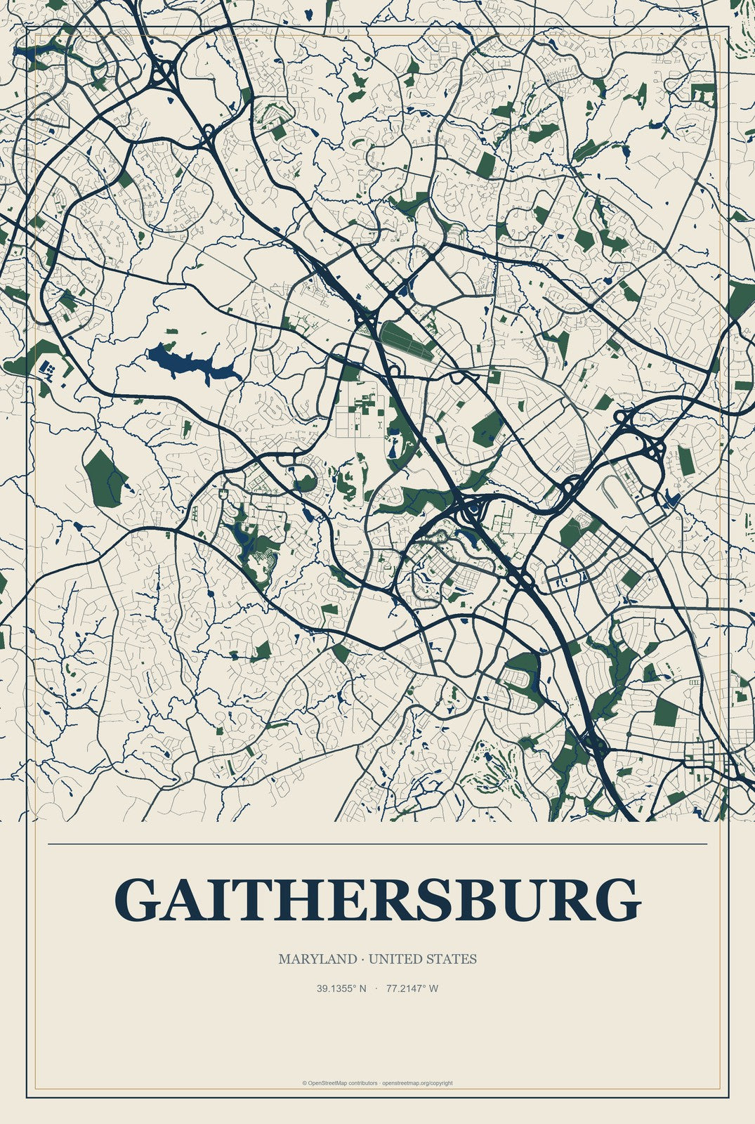 Gaithersburg, Maryland City Map Aluminum Sign in Coastal Cutout style