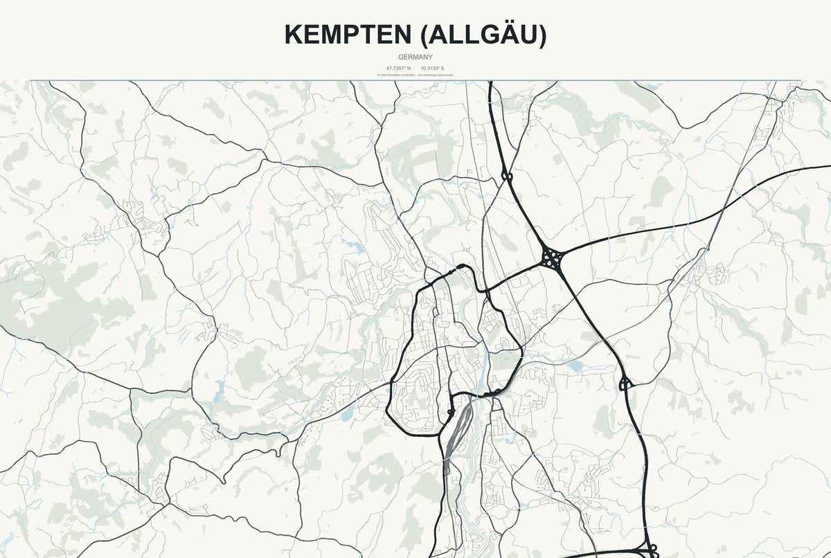Kempten (Allgäu), Germany City Map Aluminum Sign in Headline Atlas style