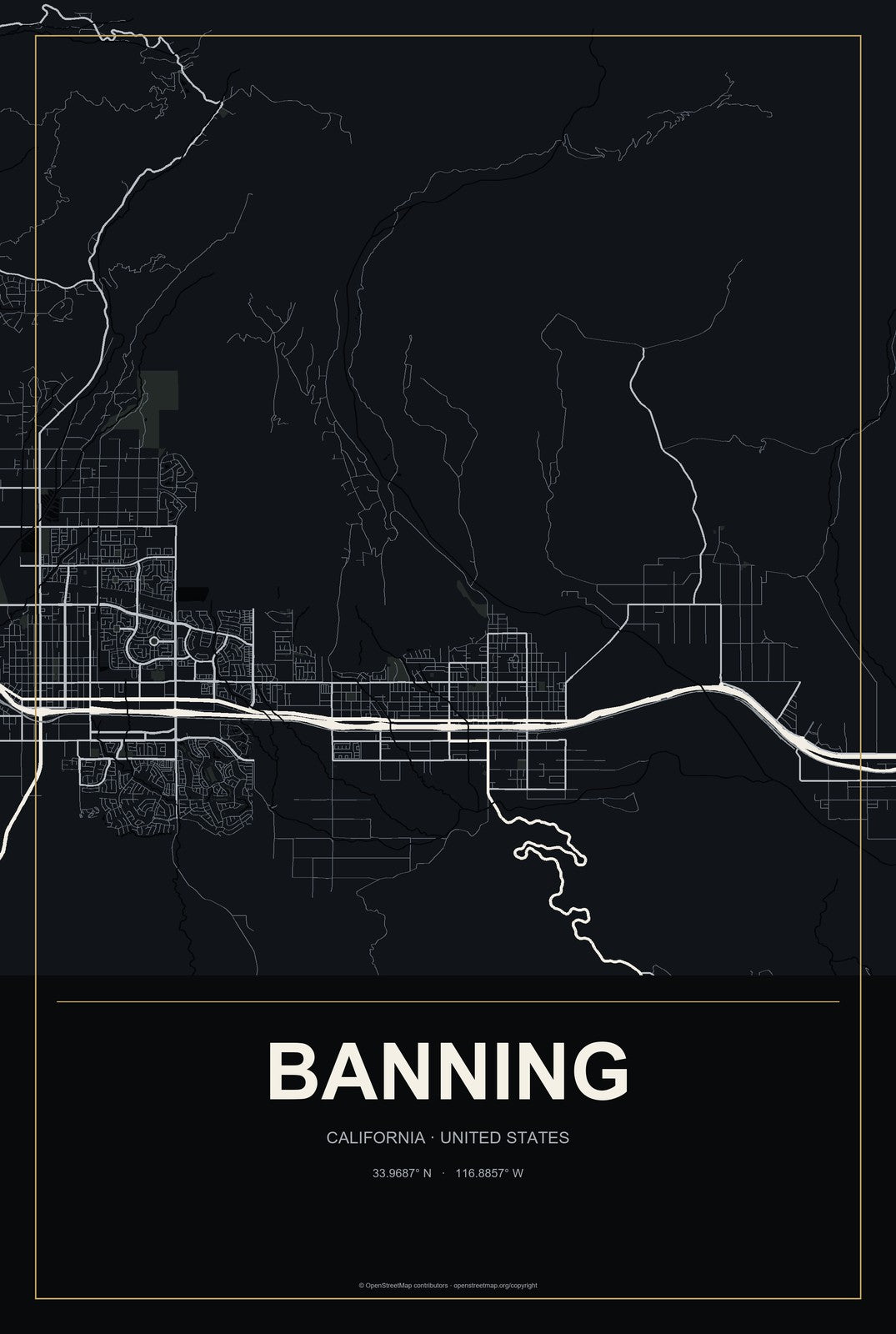 Banning, California City Map Aluminum Sign in Metropolitan Noir style