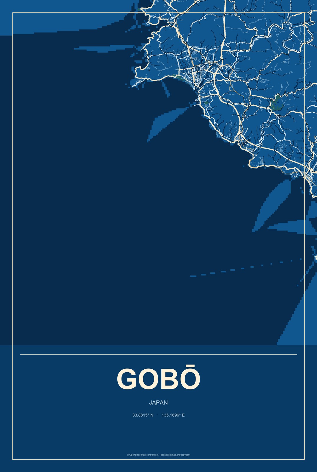 Gobō, Japan City Map Aluminum Sign in Harbor Cobalt style