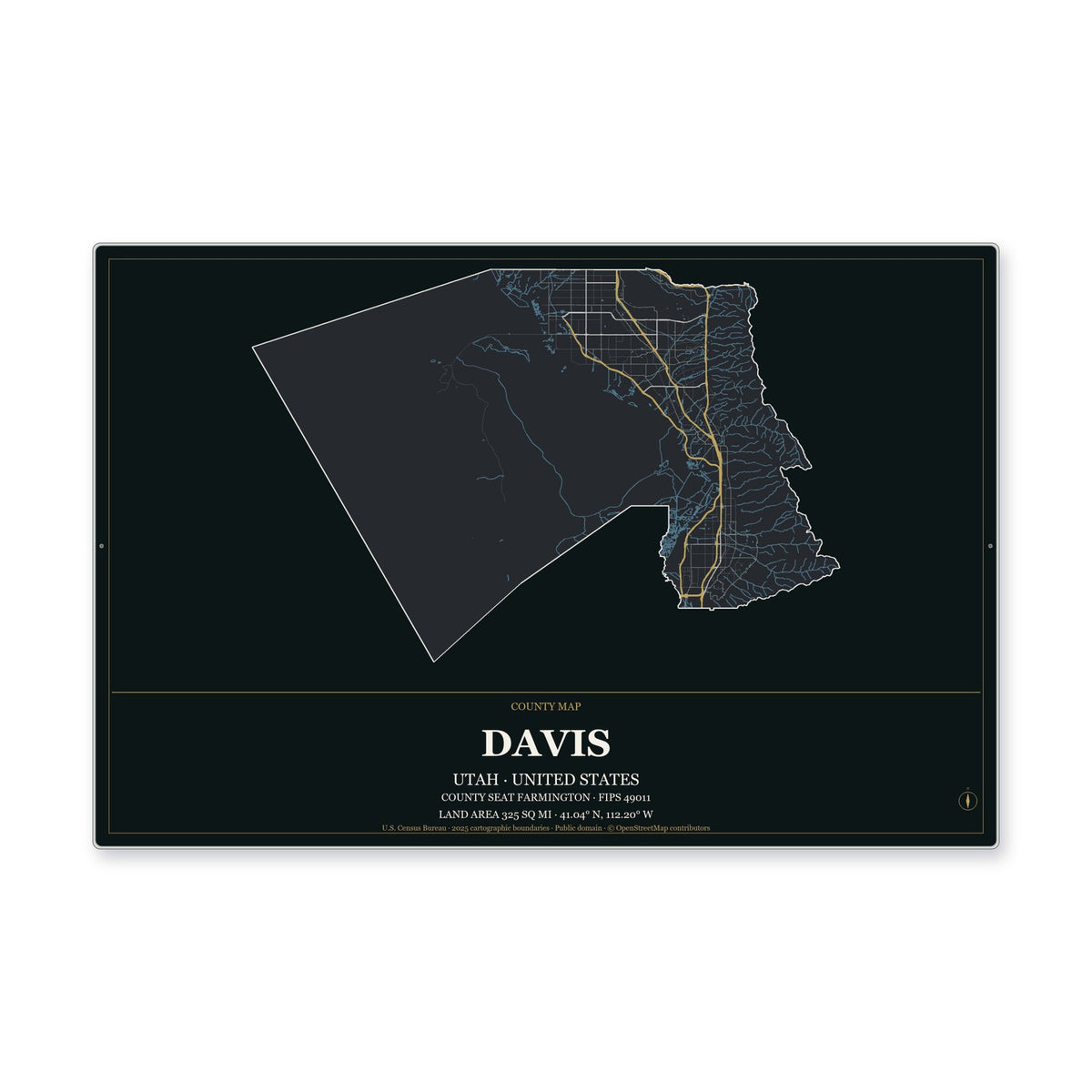 Davis County, Utah Map Aluminum Sign in Metropolitan Noir style