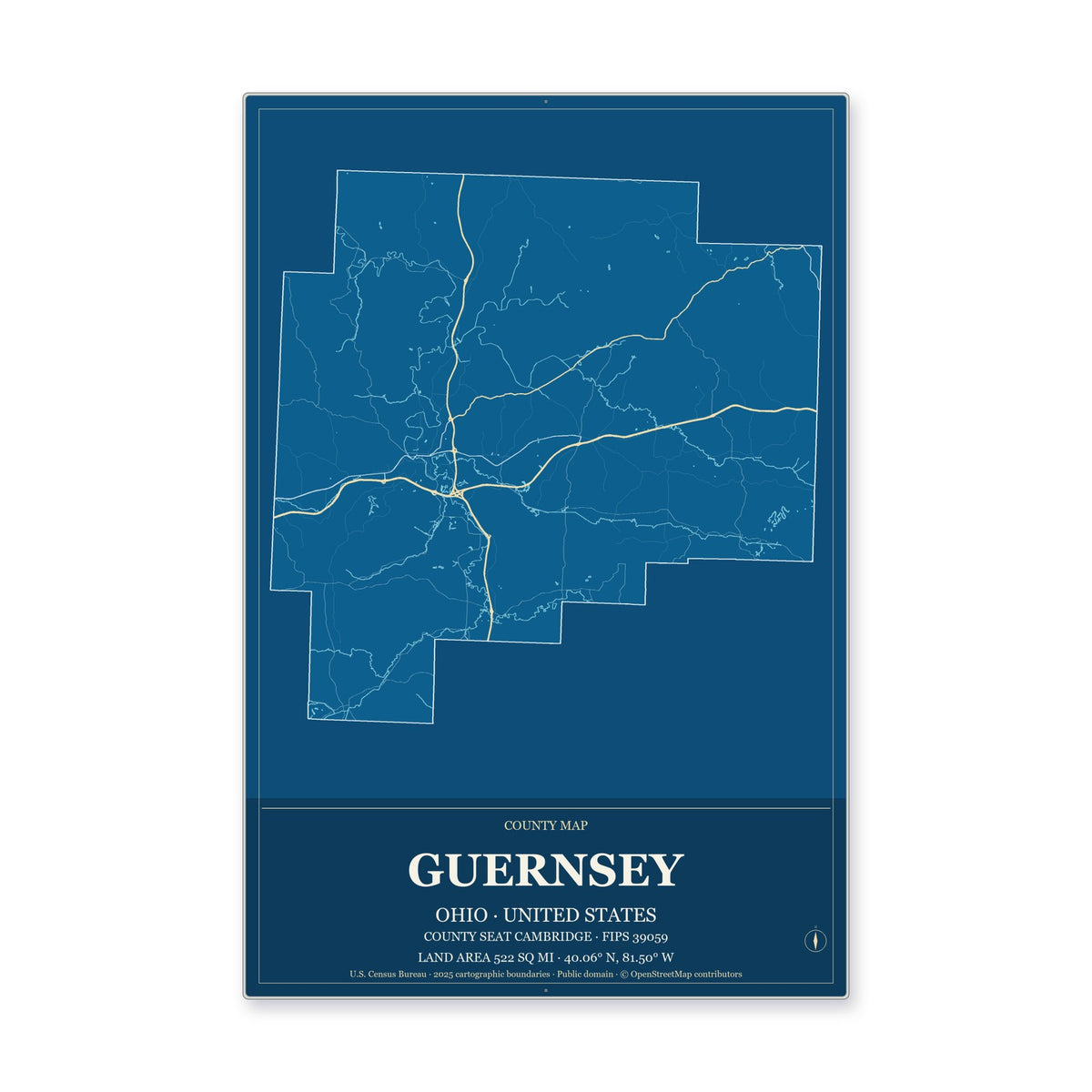 Guernsey County, Ohio Map Aluminum Sign in Harbor Cobalt style