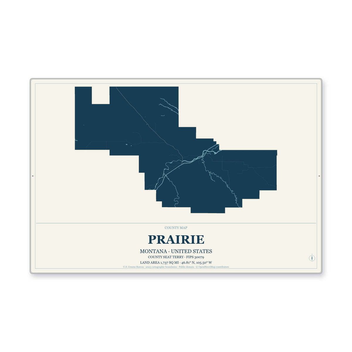 Prairie County, Montana Map Aluminum Sign in Coastal Cutout style
