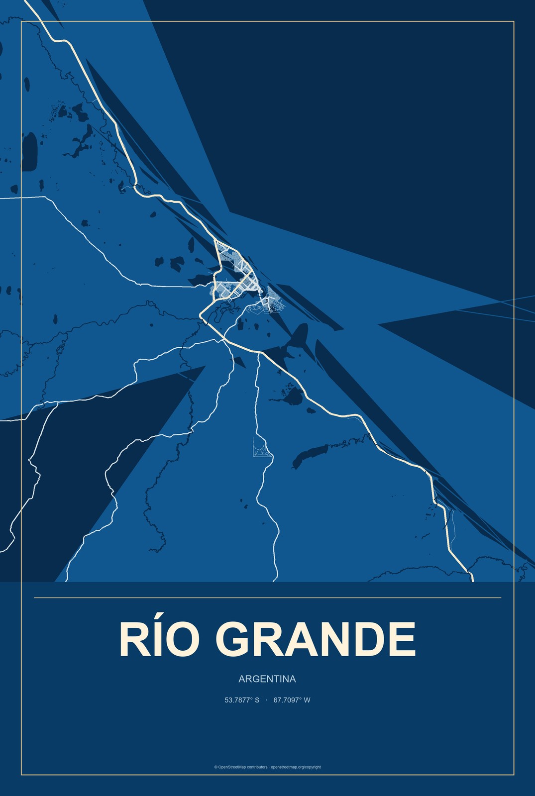 Río Grande, Argentina City Map Aluminum Sign in Harbor Cobalt style