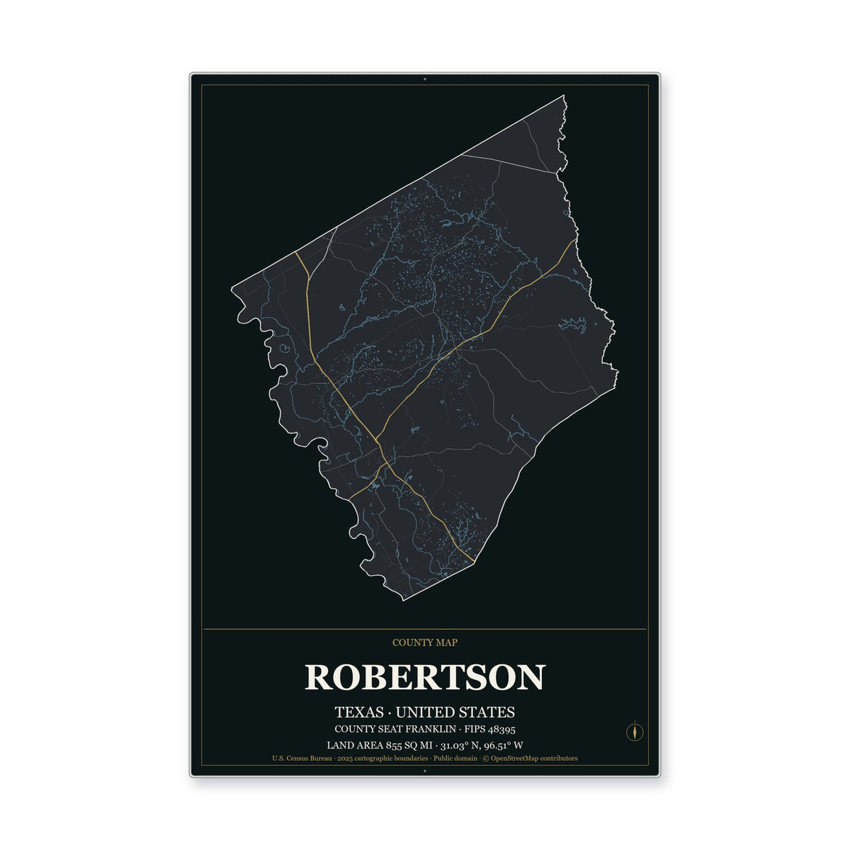 Robertson County, Texas Map Aluminum Sign in Metropolitan Noir style