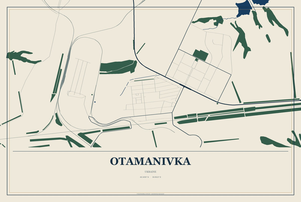 Otamanivka, Ukraine City Map Aluminum Sign in Coastal Cutout style