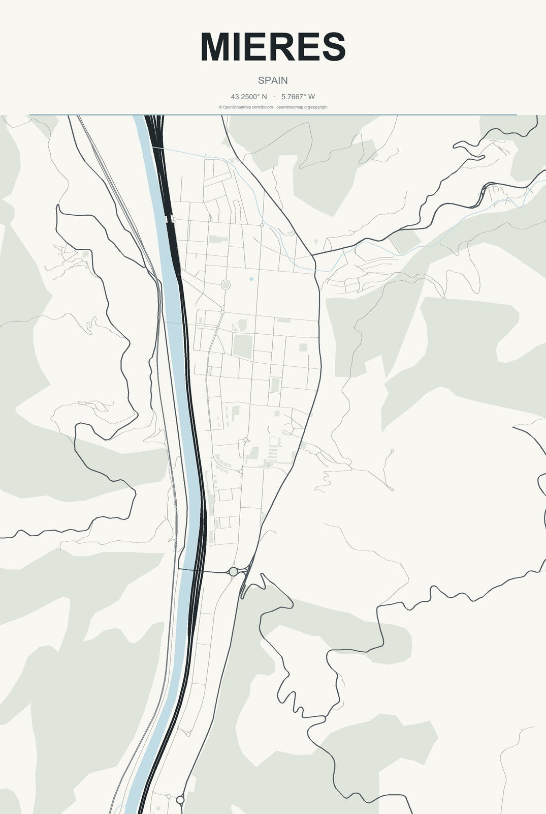 Mieres, Spain City Map Aluminum Sign in Headline Atlas style