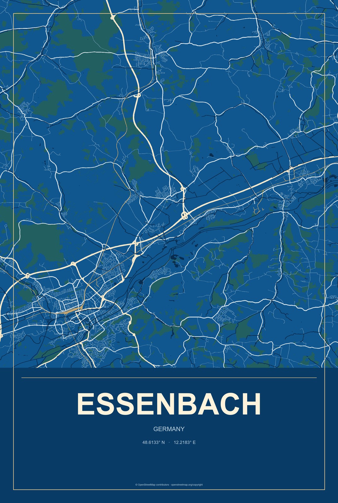 Essenbach, Germany City Map Aluminum Sign in Harbor Cobalt style