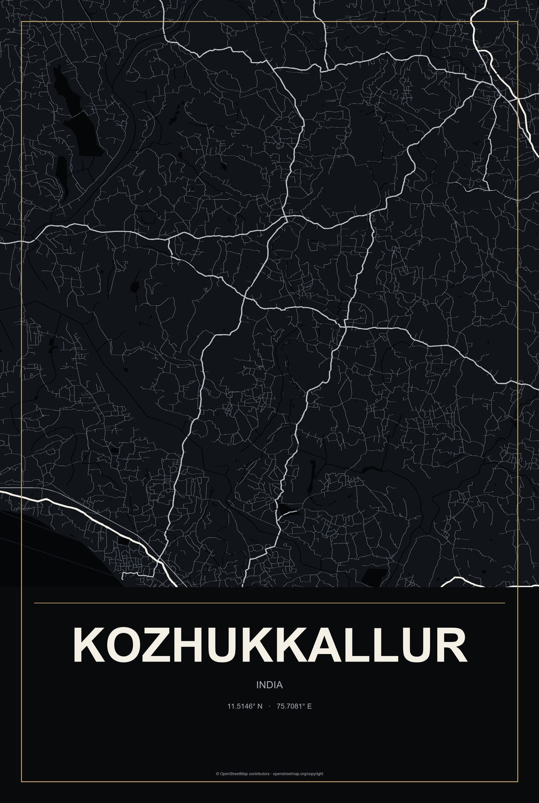 Kozhukkallur, India City Map Aluminum Sign in Metropolitan Noir style