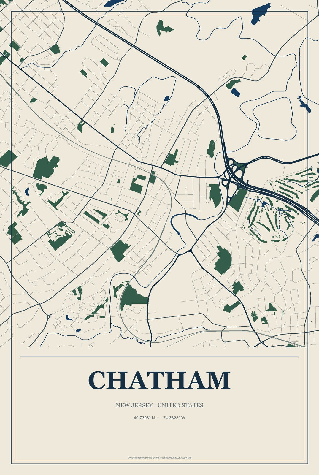 Chatham, New Jersey City Map Aluminum Sign in Coastal Cutout style