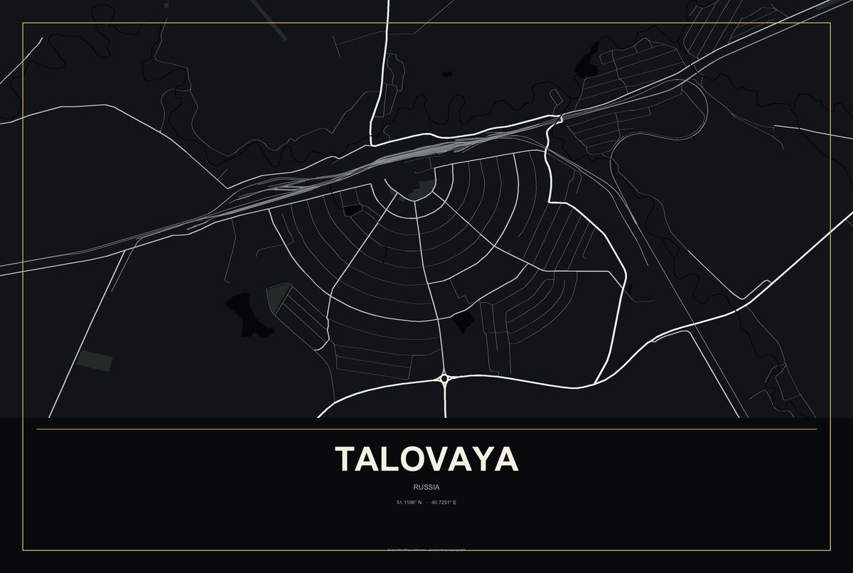 Talovaya, Russia City Map Aluminum Sign in Metropolitan Noir style