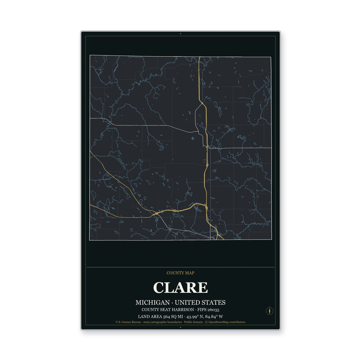 Clare County, Michigan Map Aluminum Sign in Metropolitan Noir style