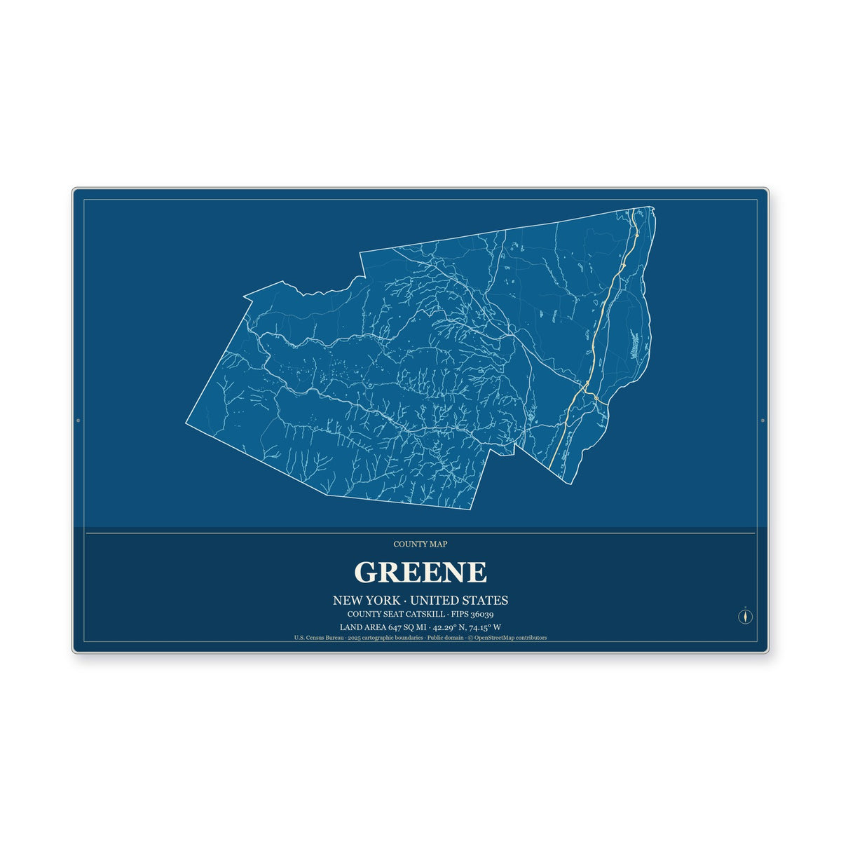 Greene County, New York Map Aluminum Sign in Harbor Cobalt style