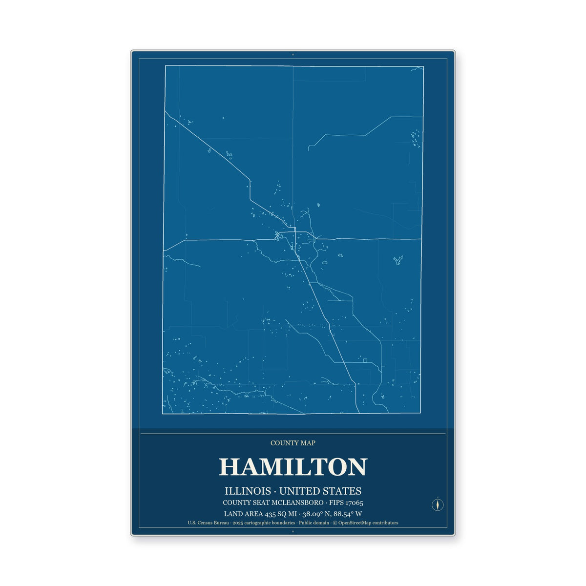 Hamilton County, Illinois Map Aluminum Sign in Harbor Cobalt style