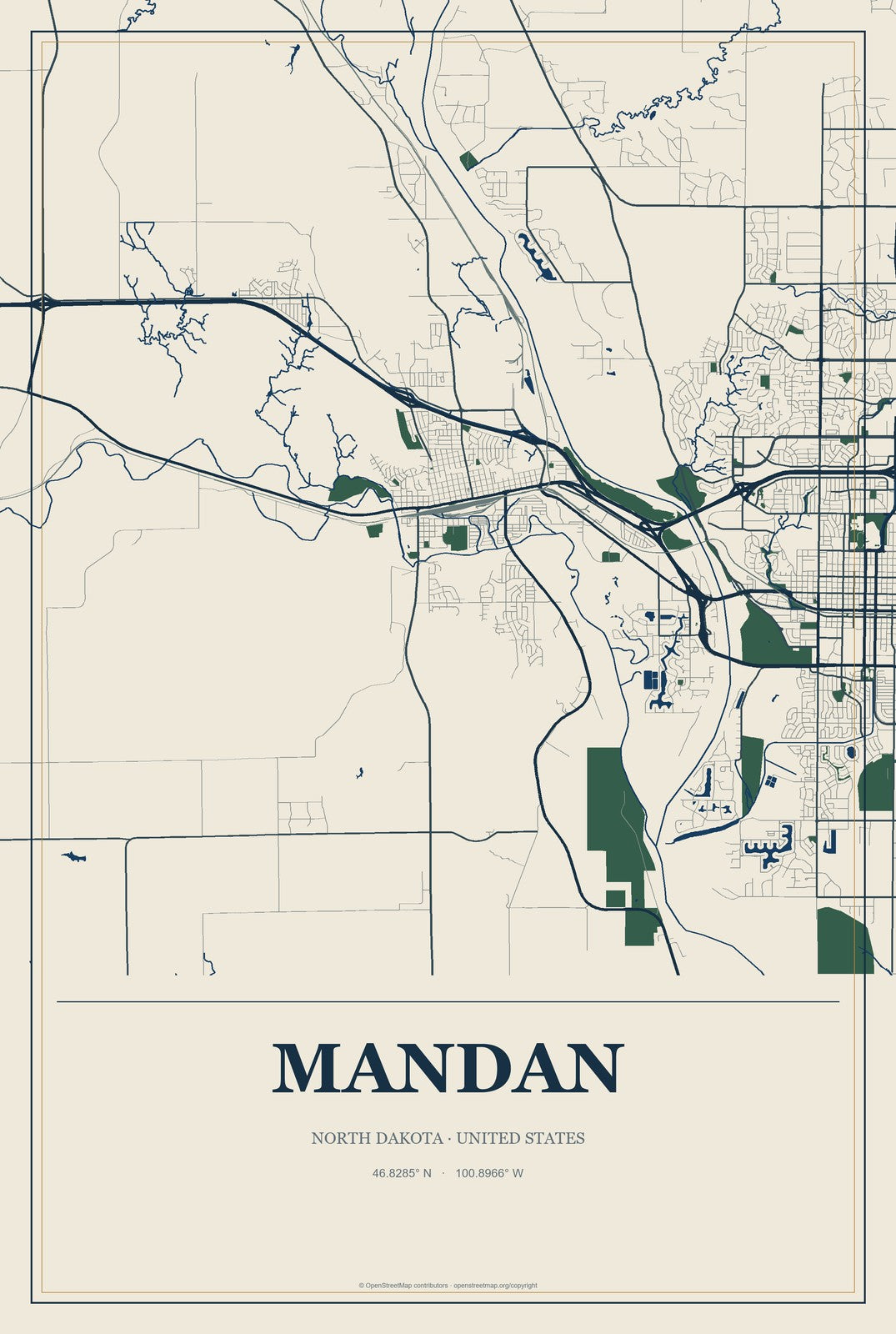 Mandan, North Dakota City Map Aluminum Sign in Coastal Cutout style