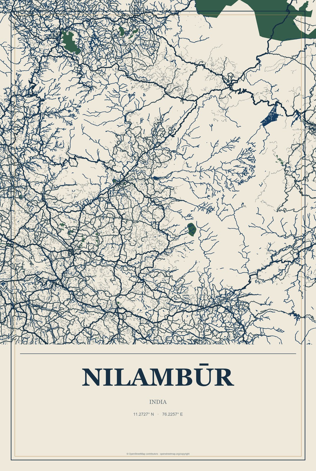 Nilambūr, India City Map Aluminum Sign in Coastal Cutout style
