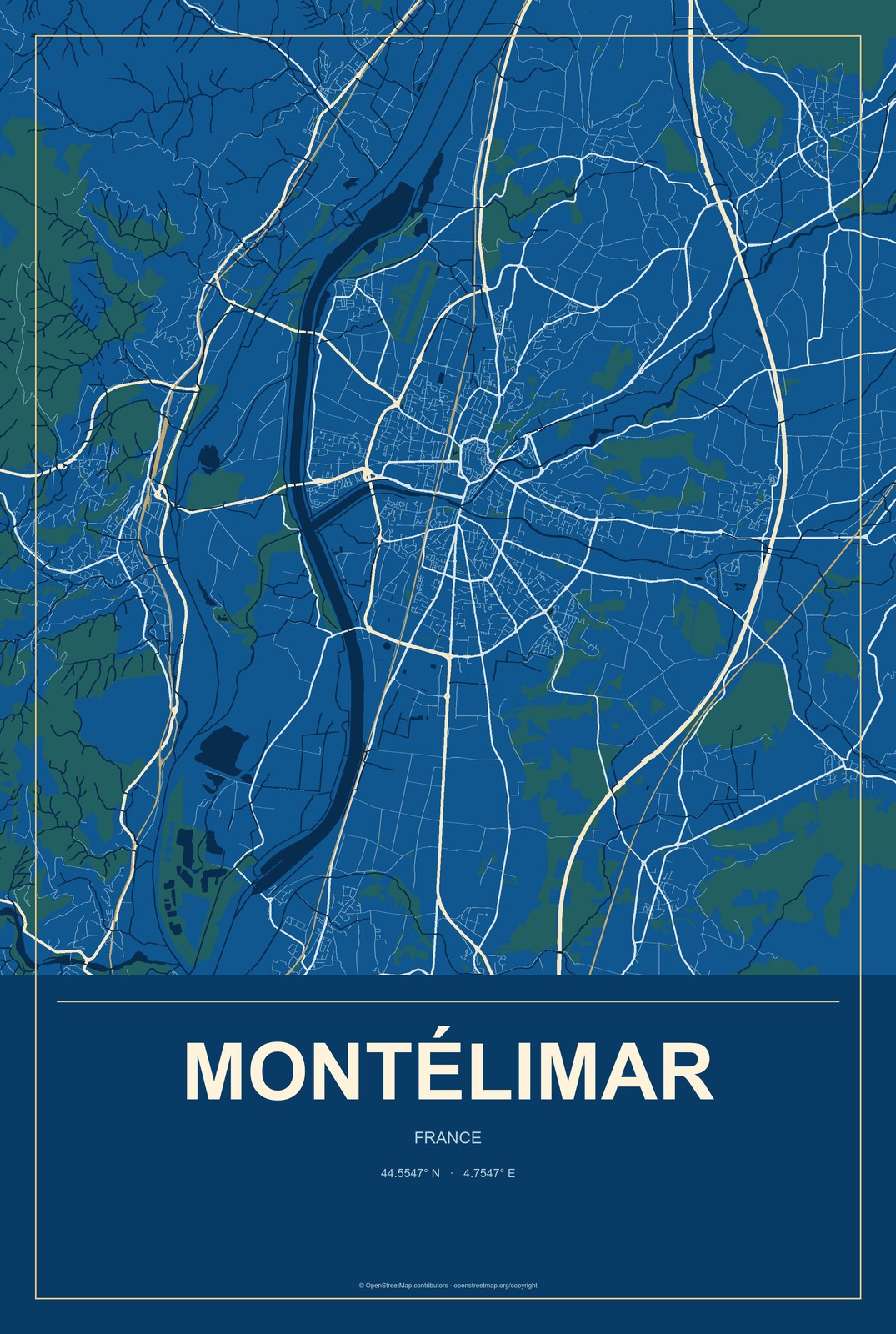 Montélimar, France City Map Aluminum Sign in Harbor Cobalt style