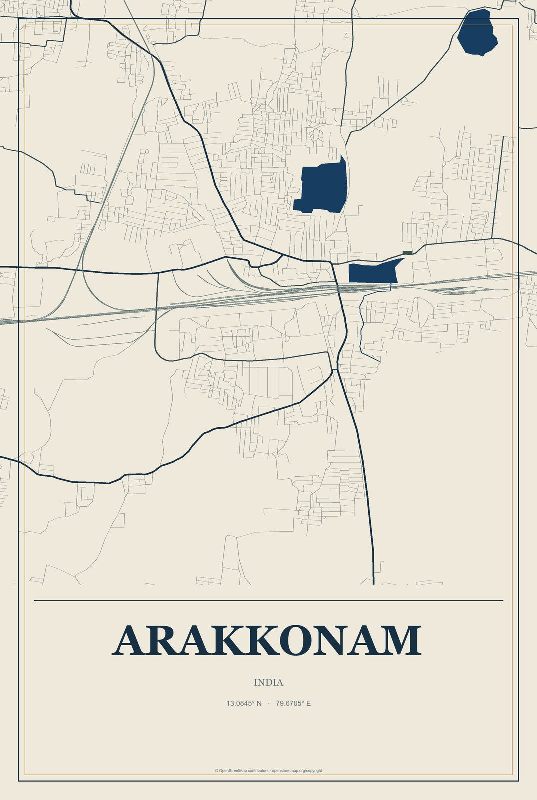 Arakkonam, India City Map Aluminum Sign in Coastal Cutout style
