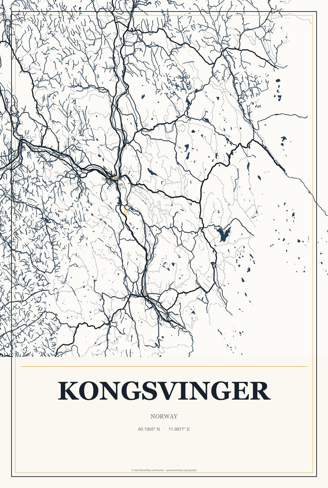 Kongsvinger, Norway City Map Aluminum Sign in Citrine Modern style