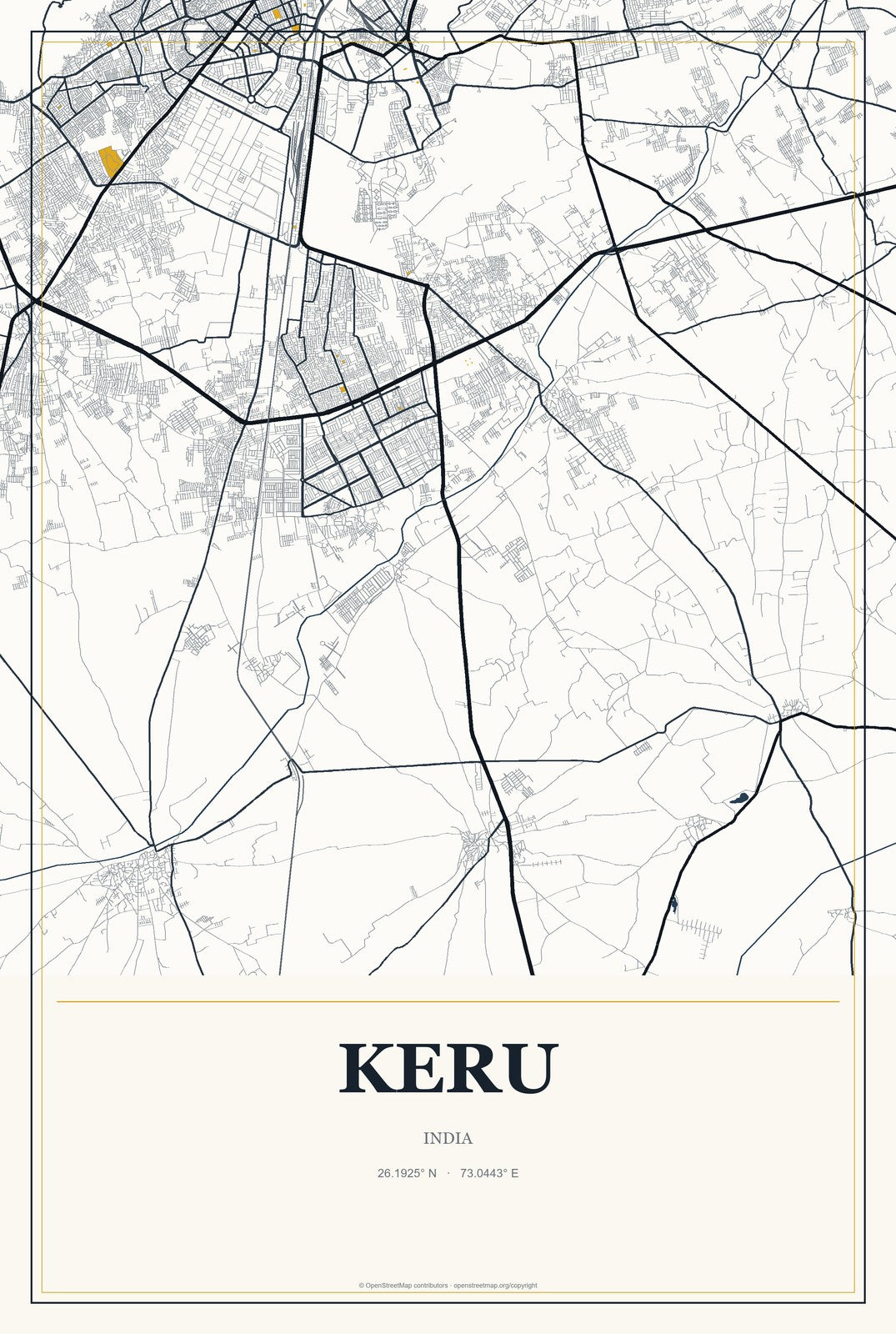 Keru, India City Map Aluminum Sign in Citrine Modern style