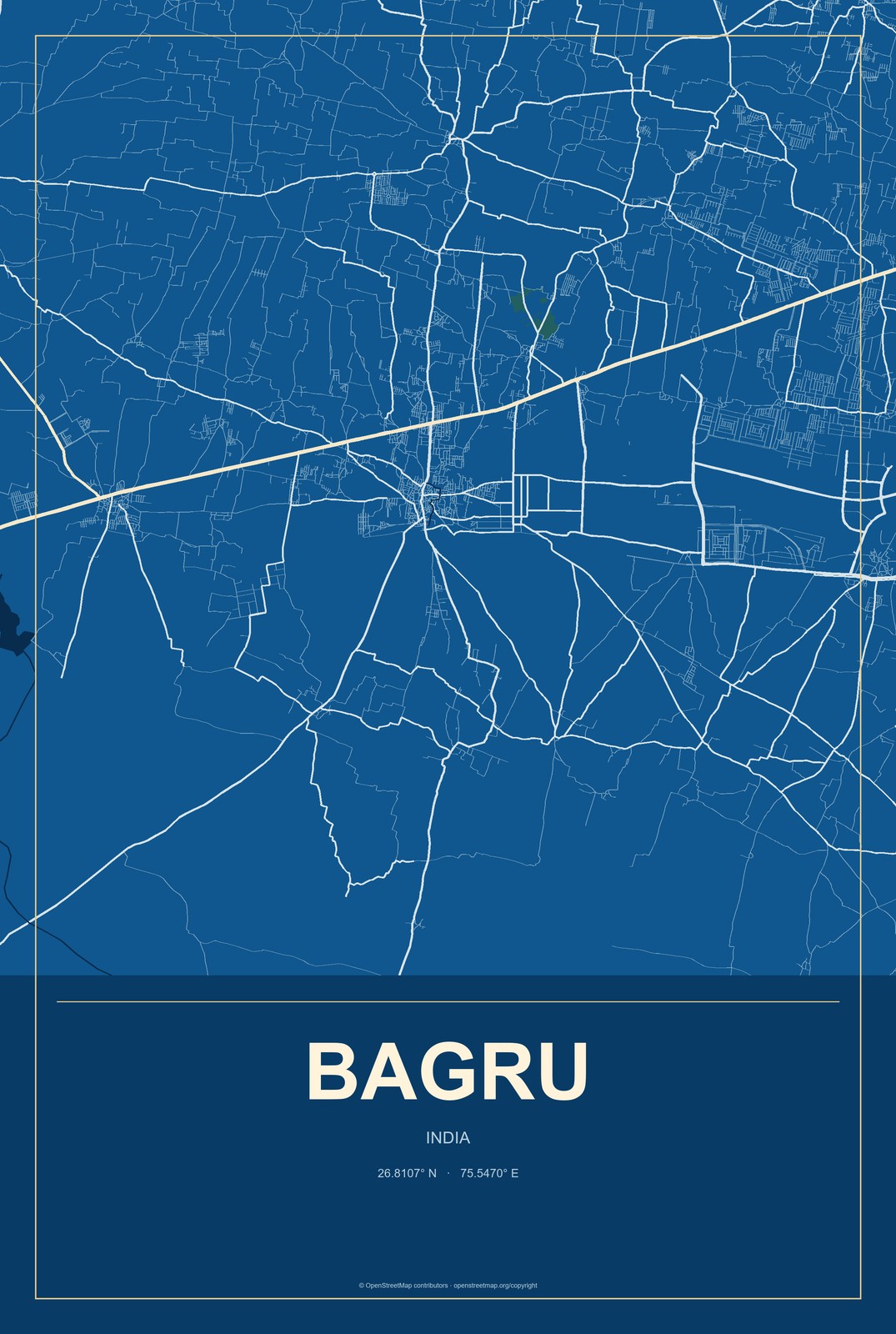 Bagru, India City Map Aluminum Sign in Harbor Cobalt style