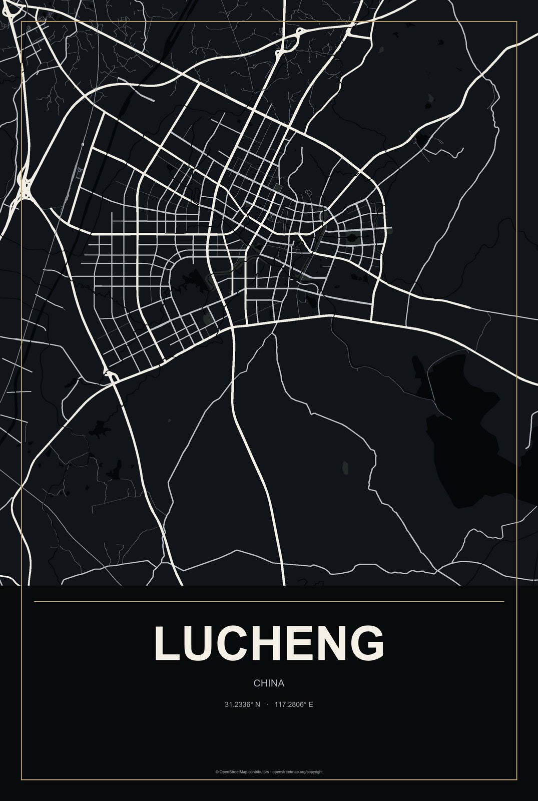 Lucheng, China City Map Aluminum Sign in Metropolitan Noir style