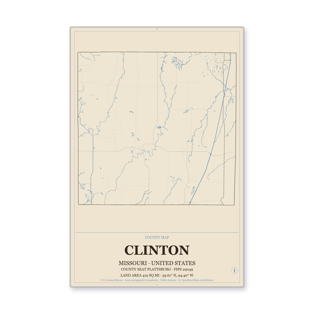 Clinton County, Missouri Map Aluminum Sign in Heritage Nautical style