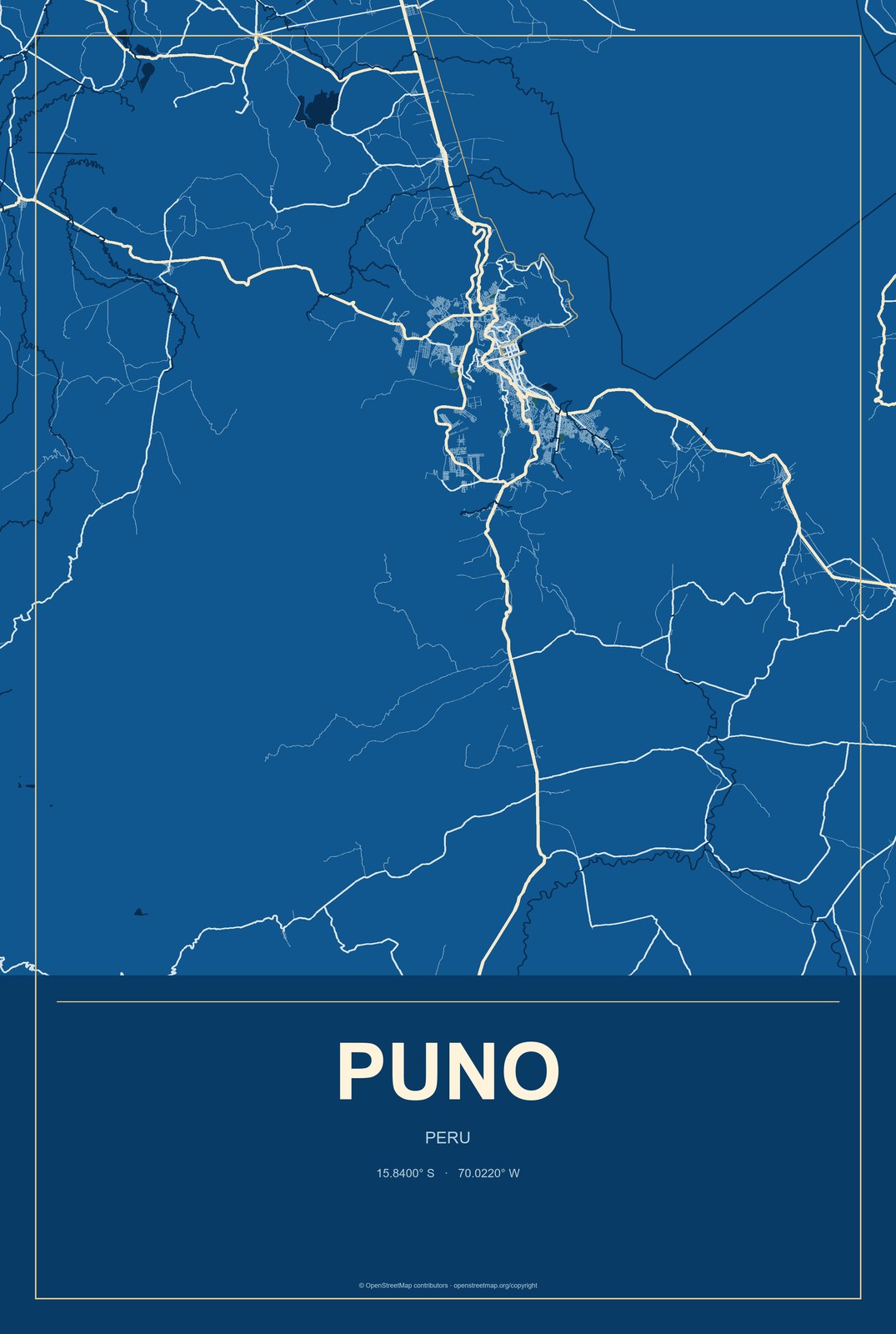 Puno, Peru City Map Aluminum Sign in Harbor Cobalt style