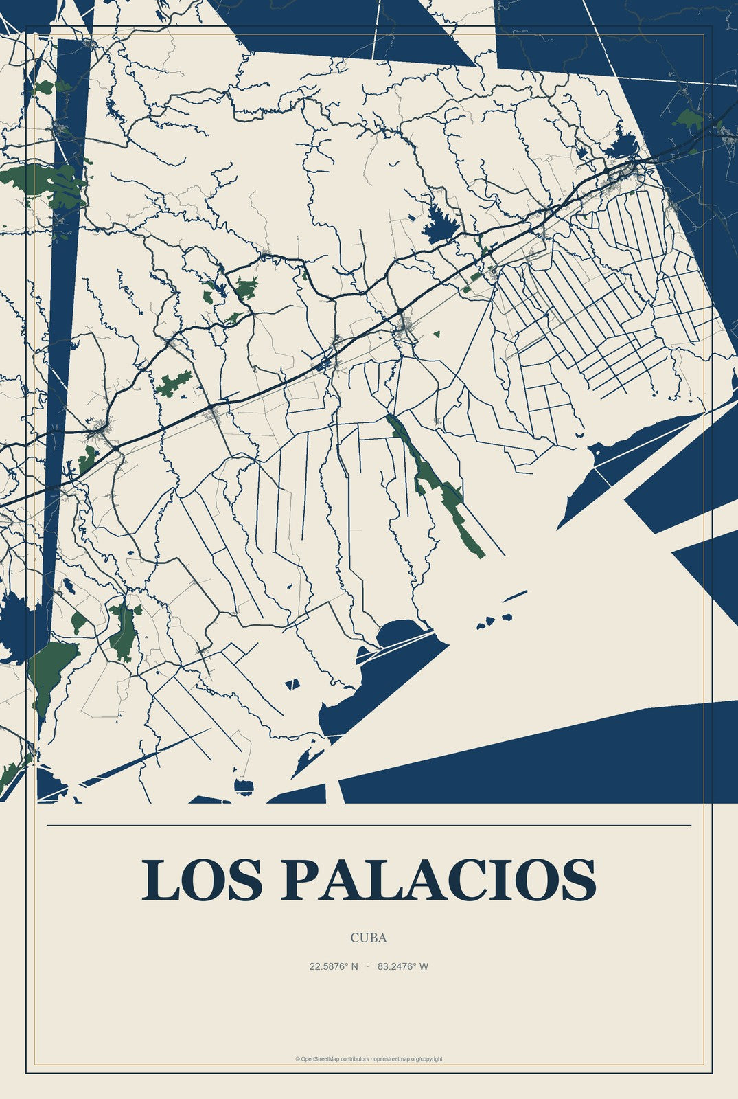 Los Palacios, Cuba City Map Aluminum Sign in Coastal Cutout style