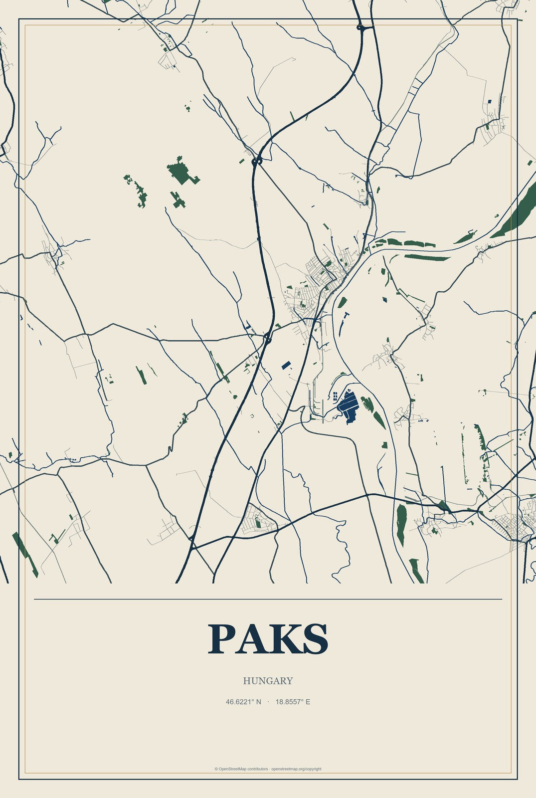Paks, Hungary City Map Aluminum Sign in Coastal Cutout style