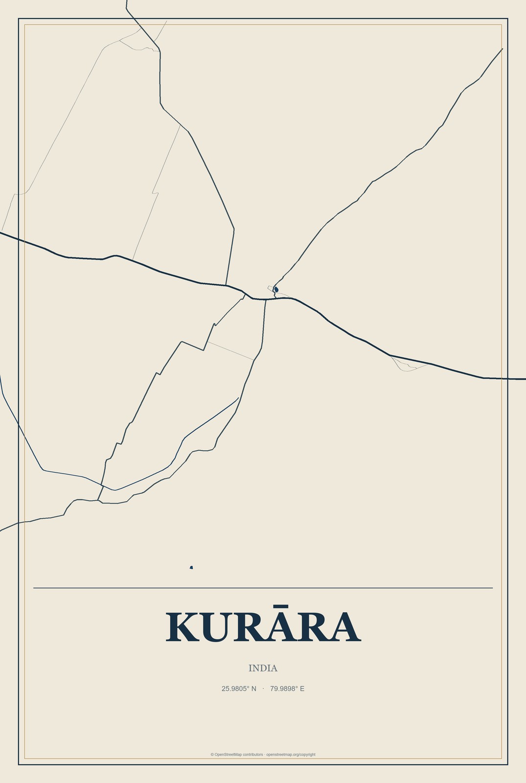 Kurāra, India City Map Aluminum Sign in Coastal Cutout style