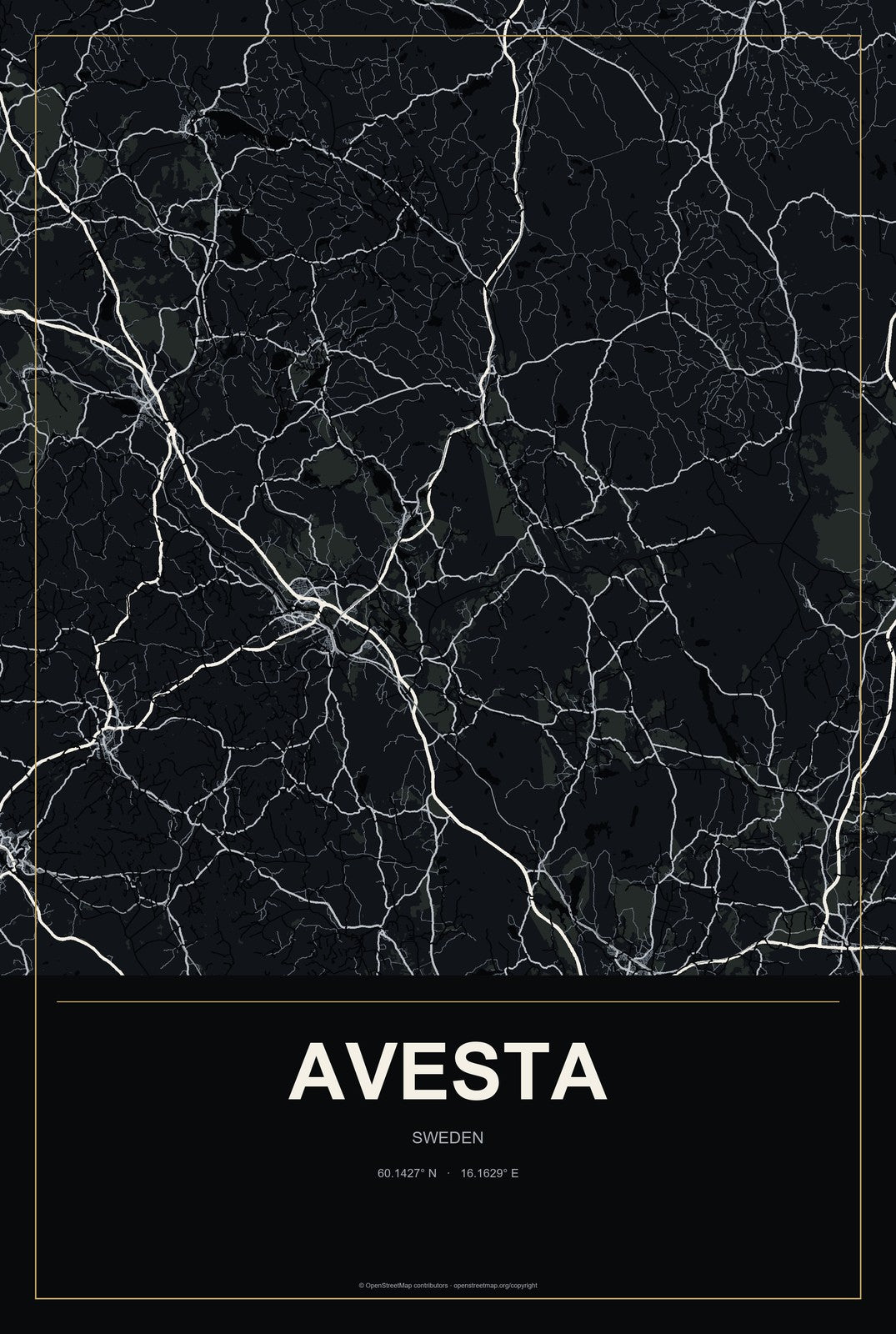 Avesta, Sweden City Map Aluminum Sign in Metropolitan Noir style