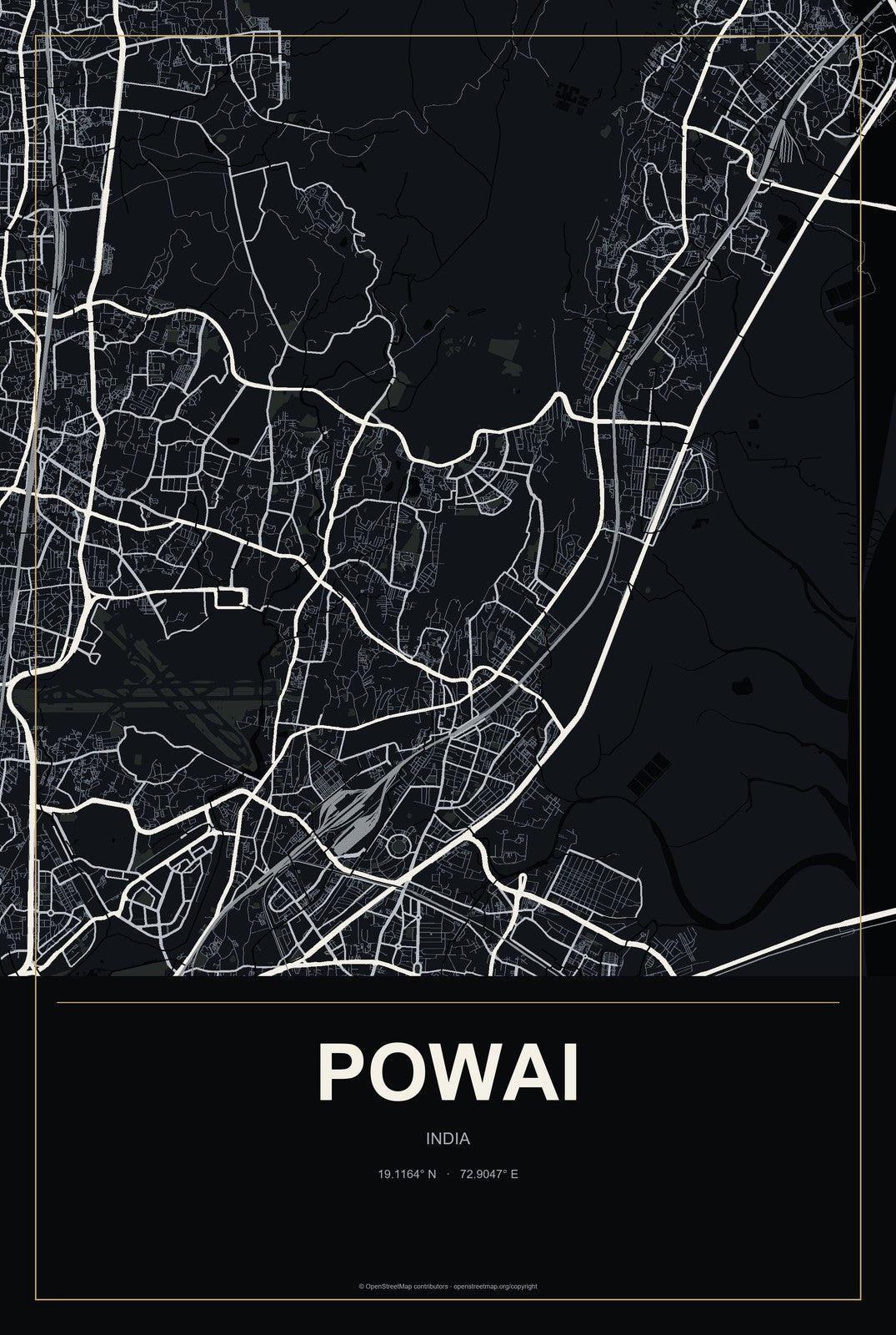 Powai, India City Map Aluminum Sign in Metropolitan Noir style