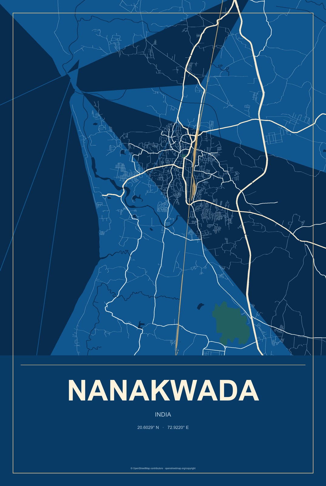Nanakwada, India City Map Aluminum Sign in Harbor Cobalt style