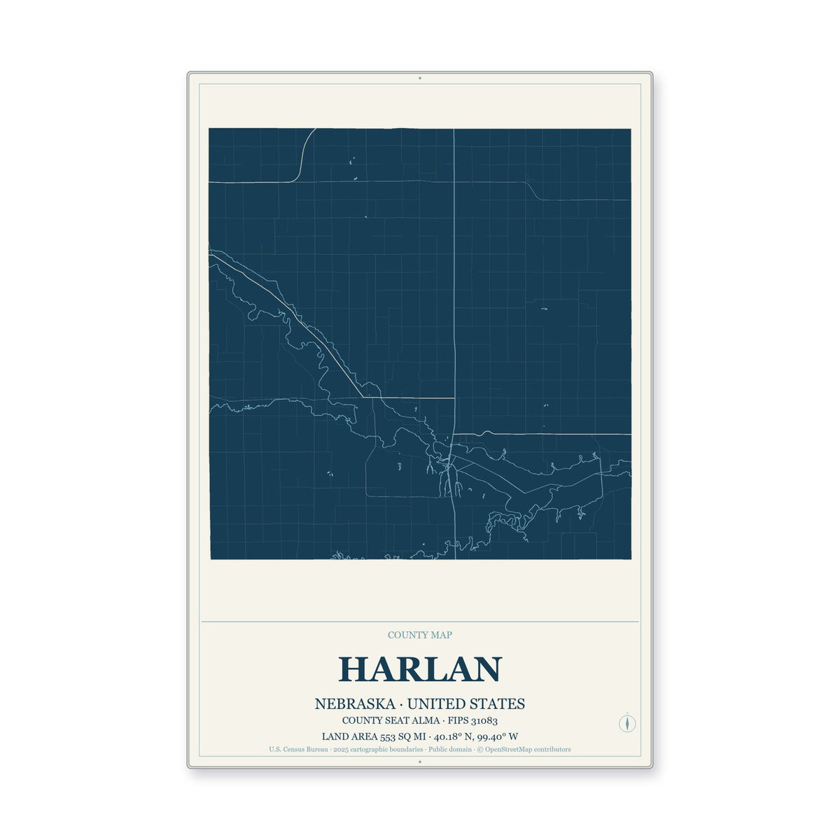 Harlan County, Nebraska Map Aluminum Sign in Coastal Cutout style