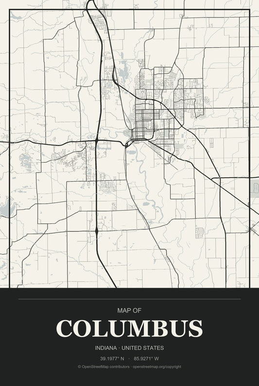 Columbus, Indiana City Map Aluminum Sign in Museum Plaque style