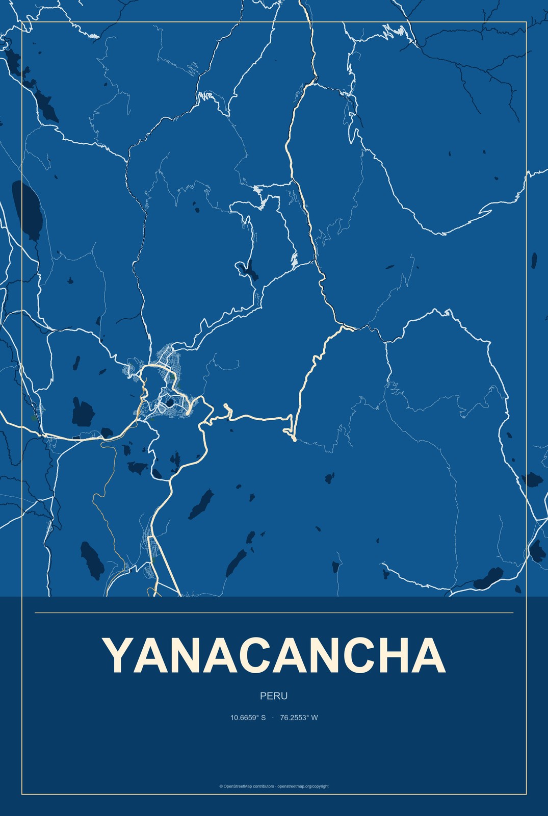 Yanacancha, Pasco, Peru City Map Aluminum Sign in Harbor Cobalt style