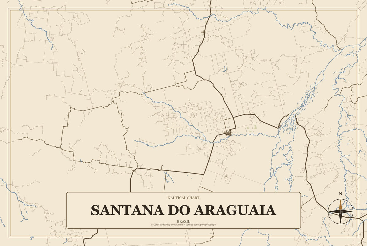 Santana do Araguaia, Brazil City Map Aluminum Sign in Heritage Nautical style