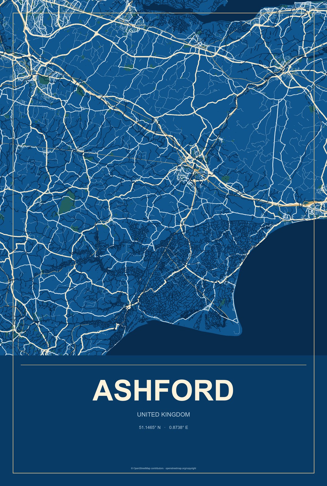 Ashford, United Kingdom City Map Aluminum Sign in Harbor Cobalt style