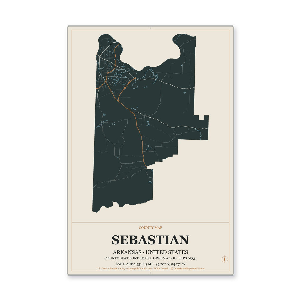 Sebastian County, Arkansas Map Aluminum Sign in Headline Atlas style