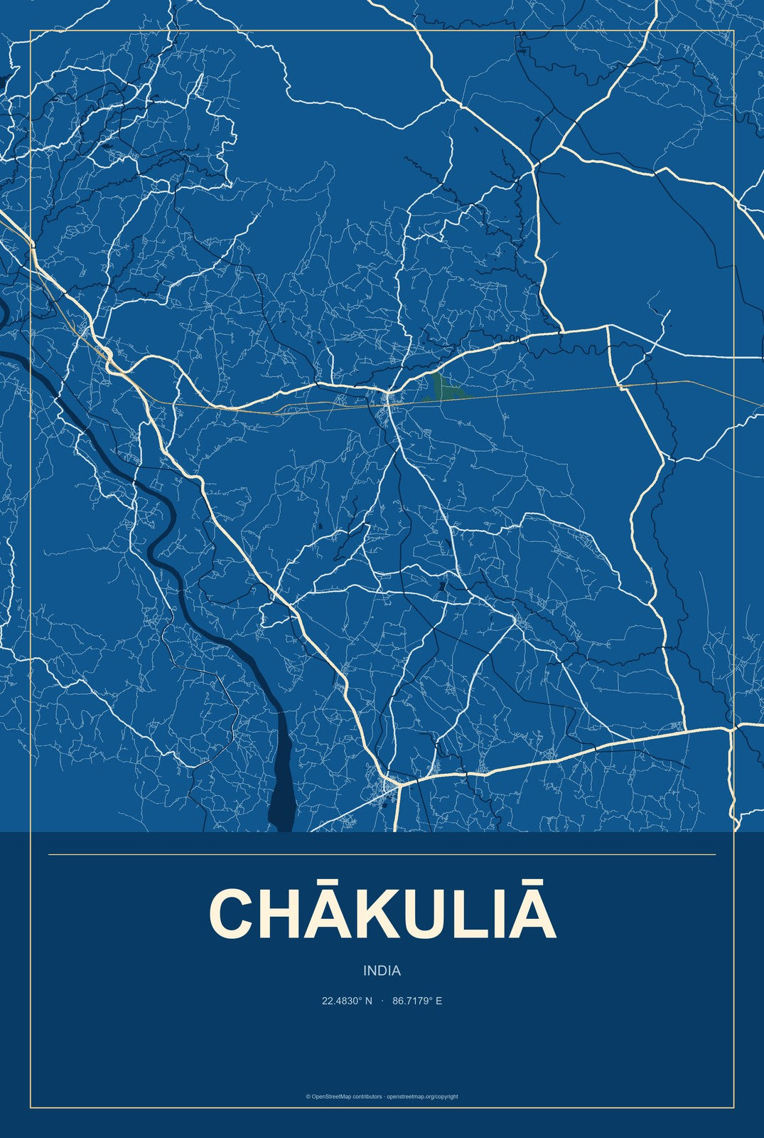 Chākuliā, India City Map Aluminum Sign in Harbor Cobalt style