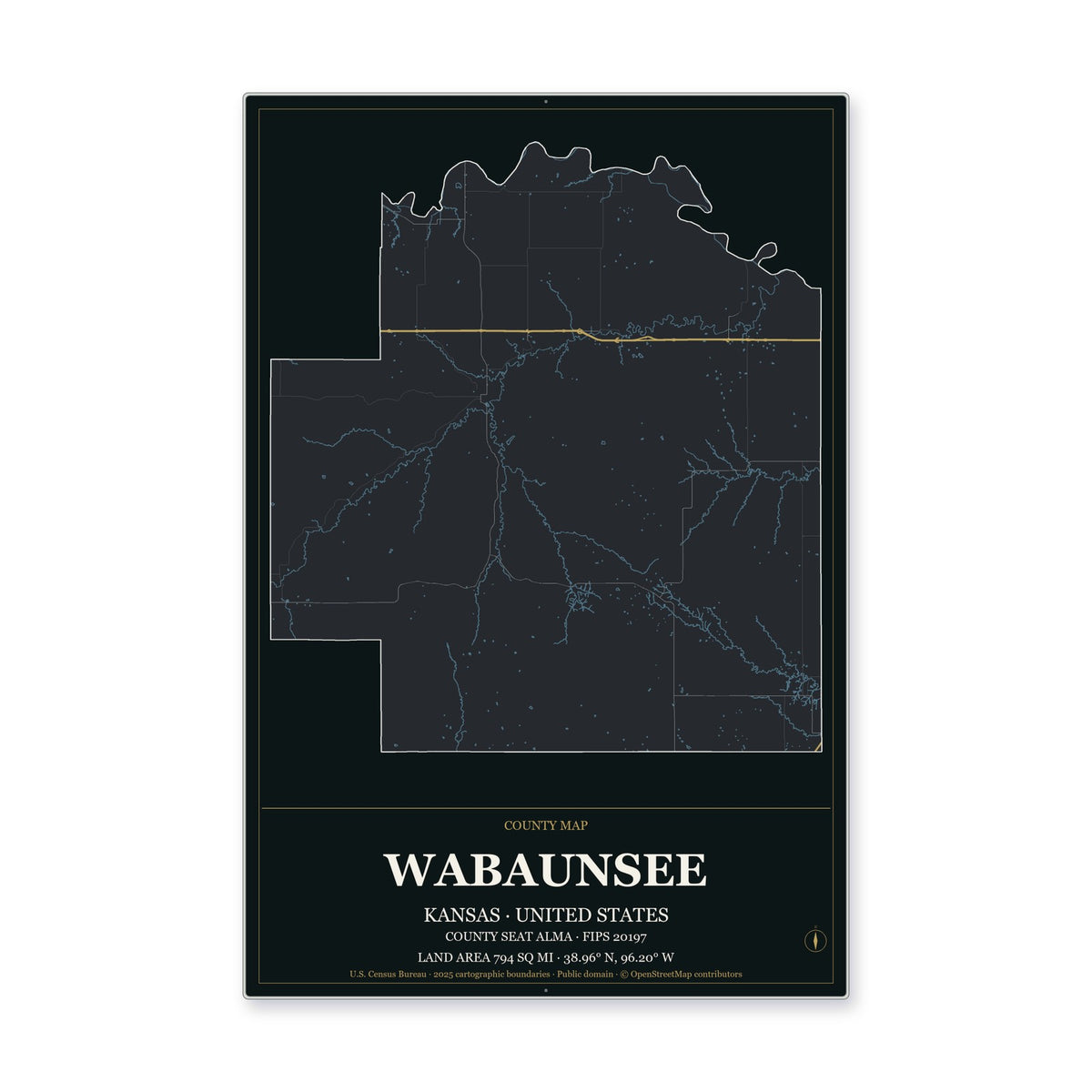 Wabaunsee County, Kansas Map Aluminum Sign in Metropolitan Noir style