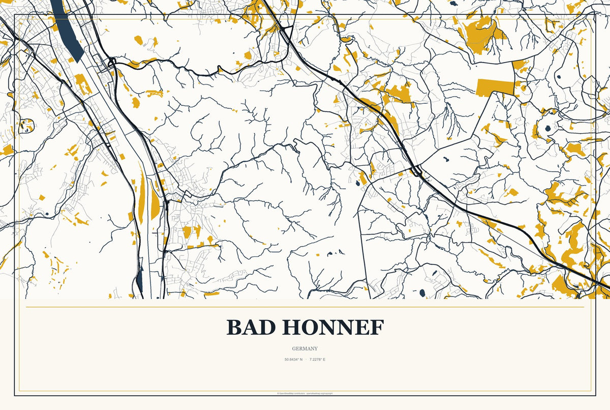 Bad Honnef, Germany City Map Aluminum Sign in Citrine Modern style