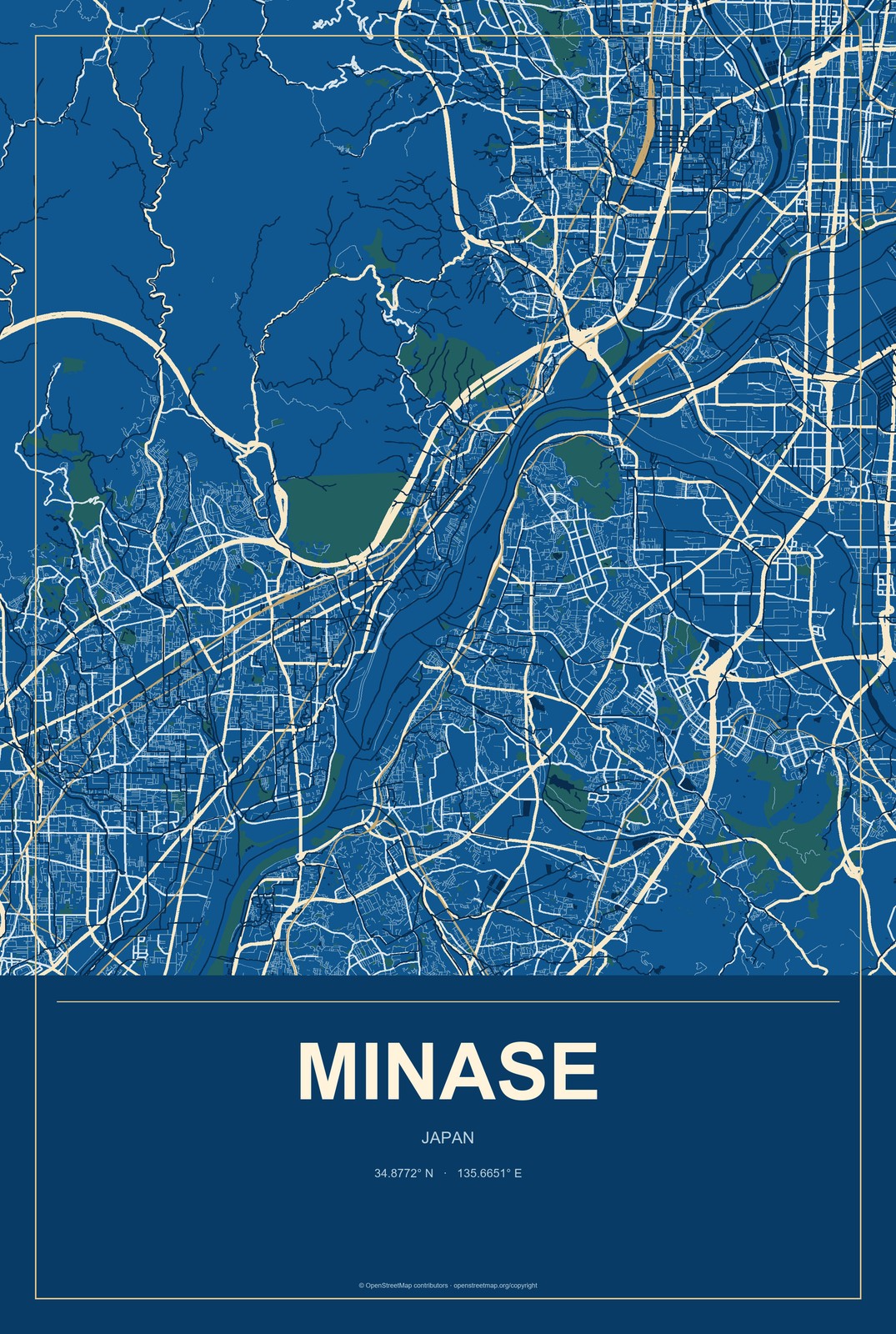 Minase, Japan City Map Aluminum Sign in Harbor Cobalt style