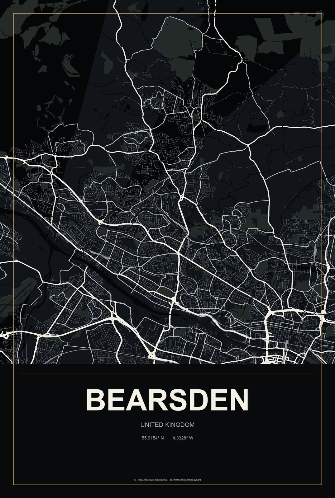 Bearsden, United Kingdom City Map Aluminum Sign in Metropolitan Noir style