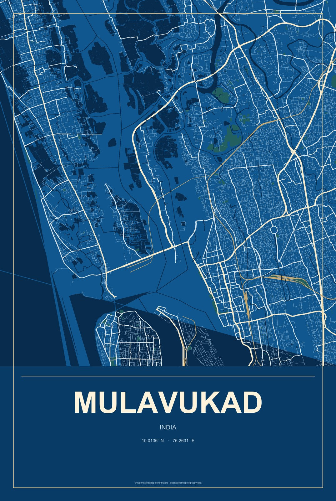 Mulavukad, India City Map Aluminum Sign in Harbor Cobalt style