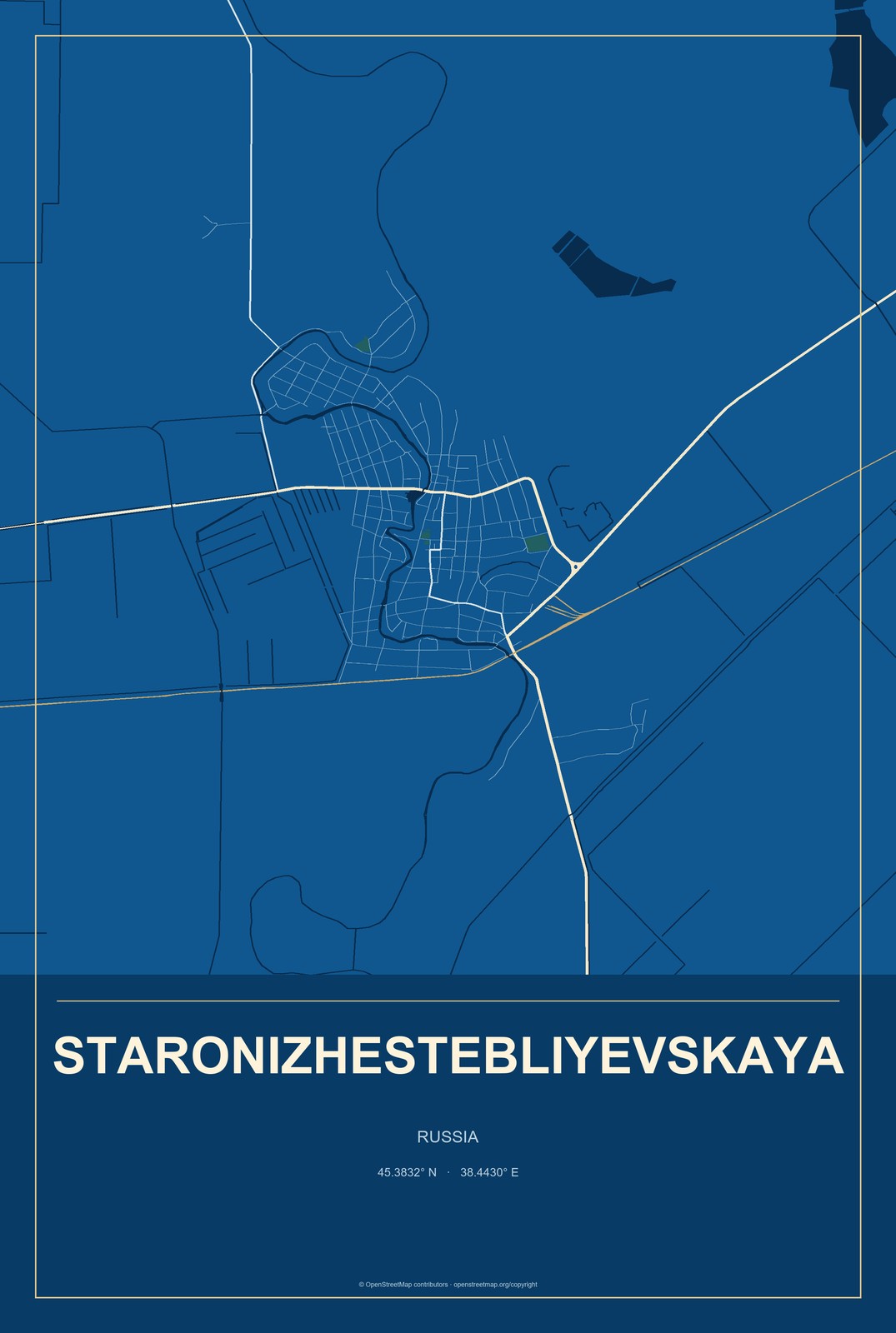 Staronizhestebliyevskaya, Russia City Map Aluminum Sign in Harbor Cobalt style