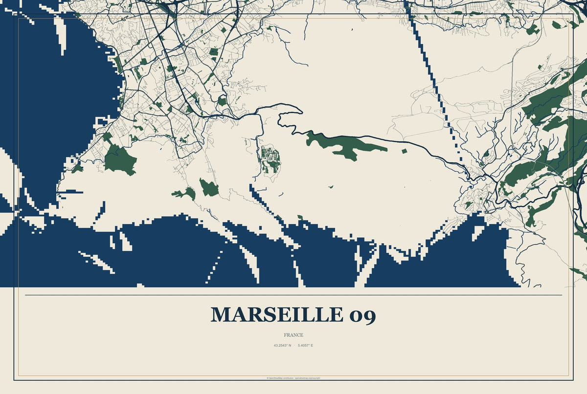 Marseille 09, France City Map Aluminum Sign in Coastal Cutout style