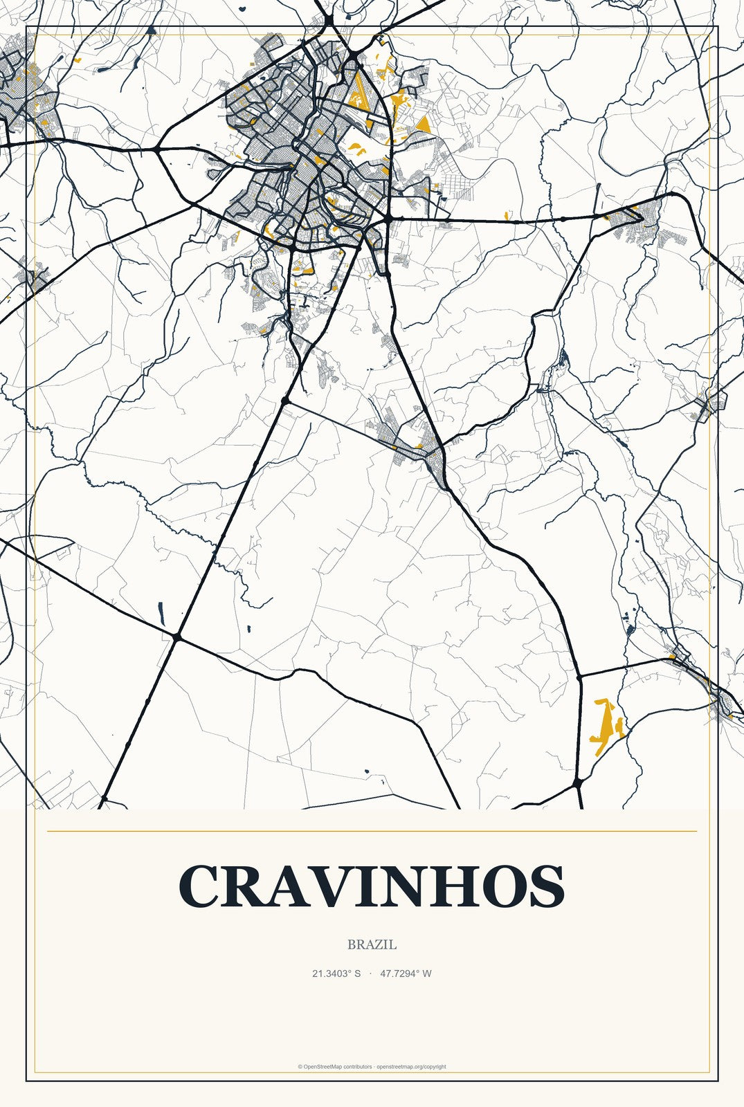 Cravinhos, Brazil City Map Aluminum Sign in Citrine Modern style