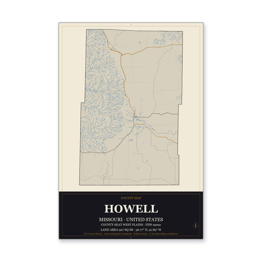 Howell County, Missouri Map Aluminum Sign in Museum Plaque style